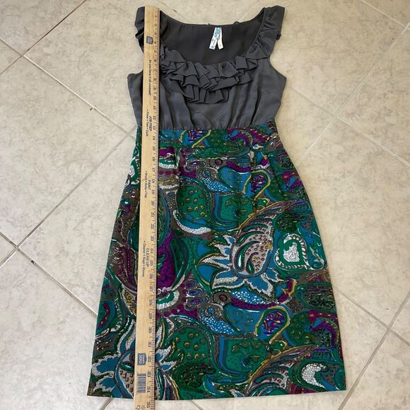 Anthropologie Maeve Grey Ruffle Silk Paisley Sleeveless Dress sz. 0 mixed media - Picture 5 of 10